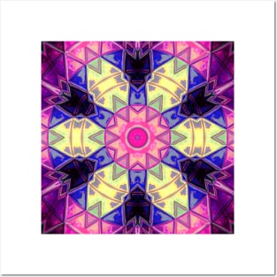 Mosaic Kaleidoscope Flower Pink Yellow and Blue Posters and Art